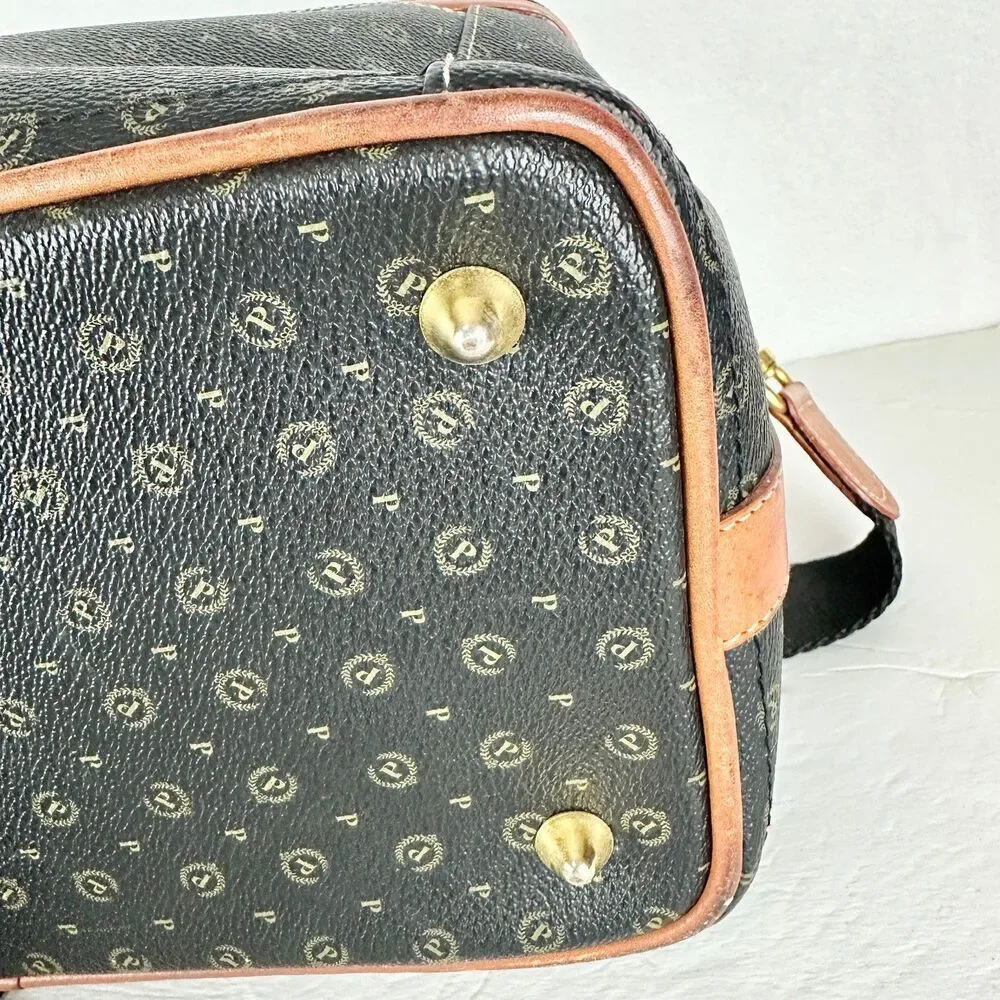 Pollini Vintage Leather Monogram Vanity Case Travel Toiletry Carry On Cosmetic